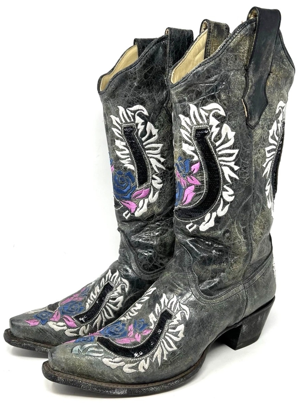Beautiful Corral Black Western Embroidered Boots with Pink & Blue Floral Accents